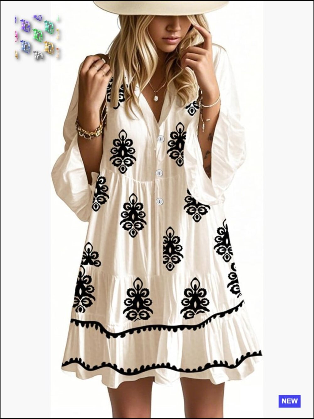 Flowy Ruffle 3/4 Sleeve V Neck Tiered Casual Babydoll Boho Beach Mini Dress - Picture 1 of 4